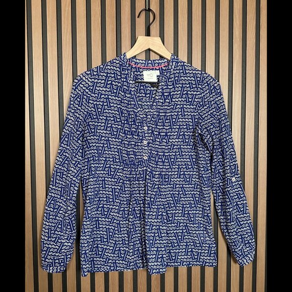 HD in Paris Blouse US 0 Womens Anthropologie Blue Geometric Henley Roll Blouse - Picture 1 of 8